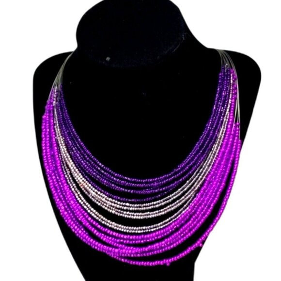 MIXIT Layered Beaded Necklace 20" Luxe Purple, Silver Festival Statement Jewelry - Picture 3 of 11